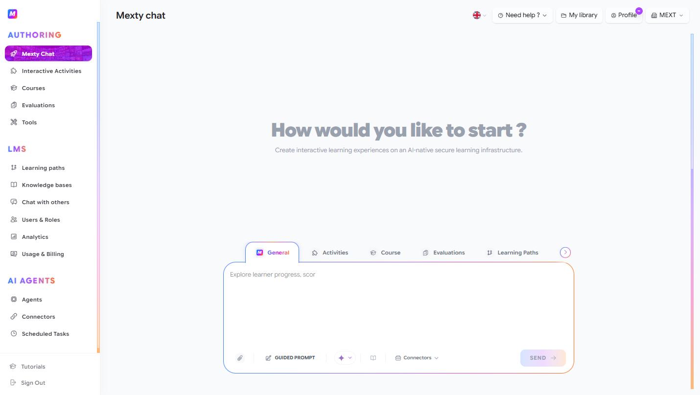 The Mexty Chat home screen, where you describe what you want and an AI agent builds it.