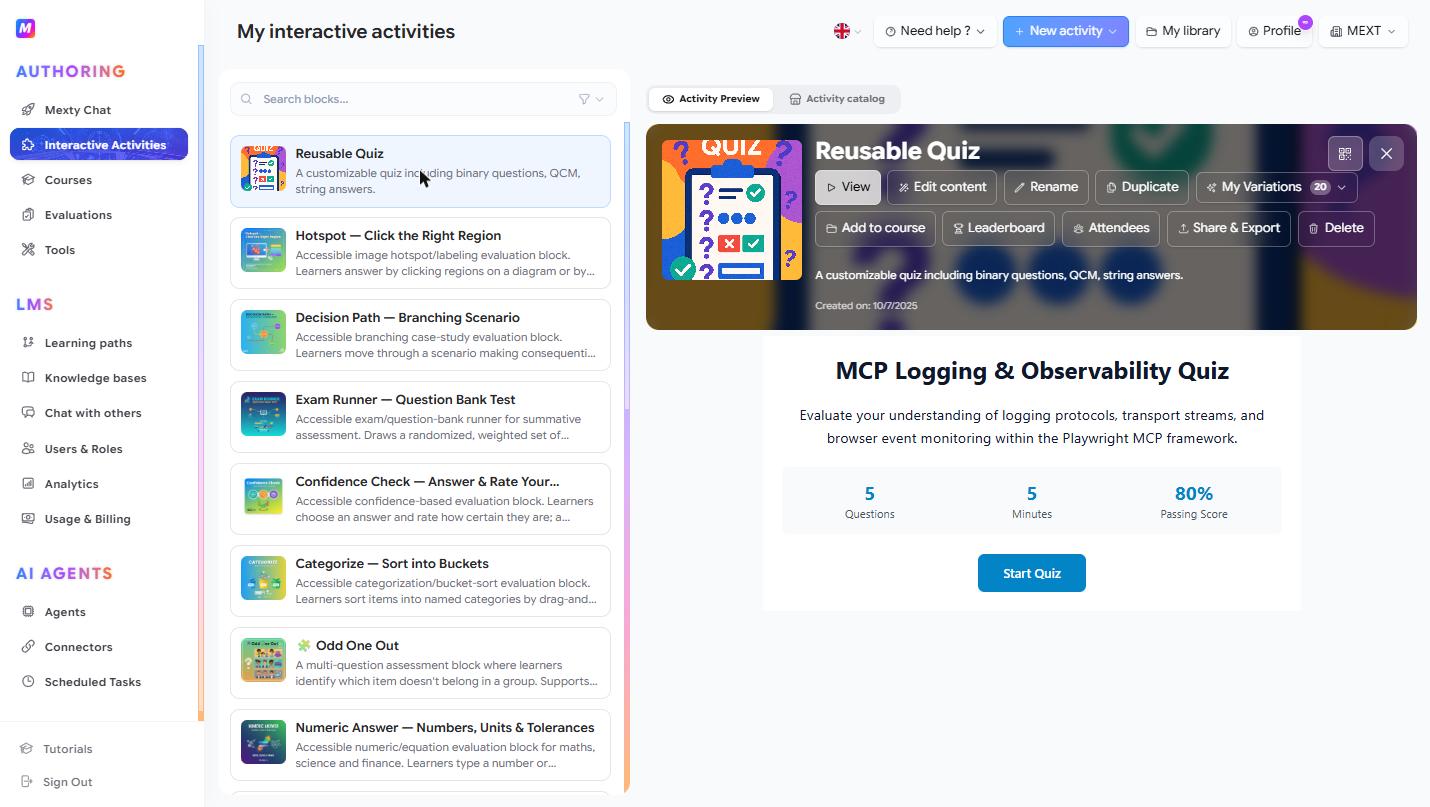 The Interactive Activities library, with your blocks listed alongside a live preview.