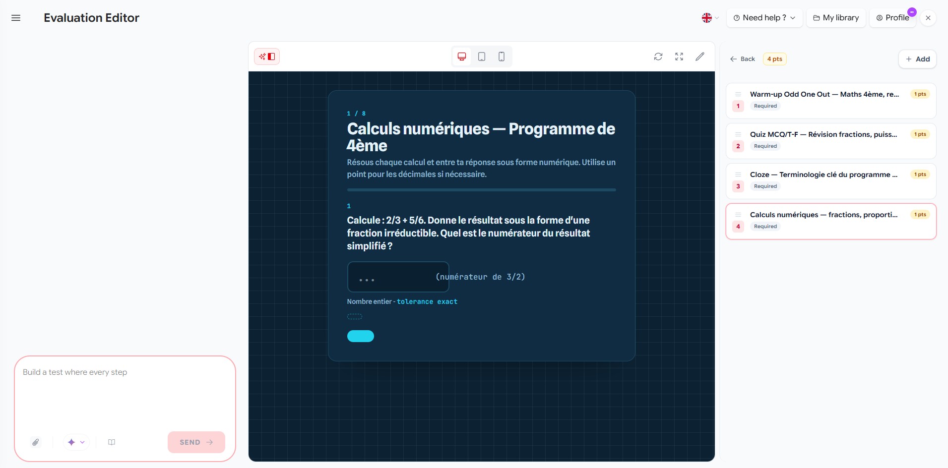 The Evaluation Editor, assembling assessment blocks into a single scored experience.