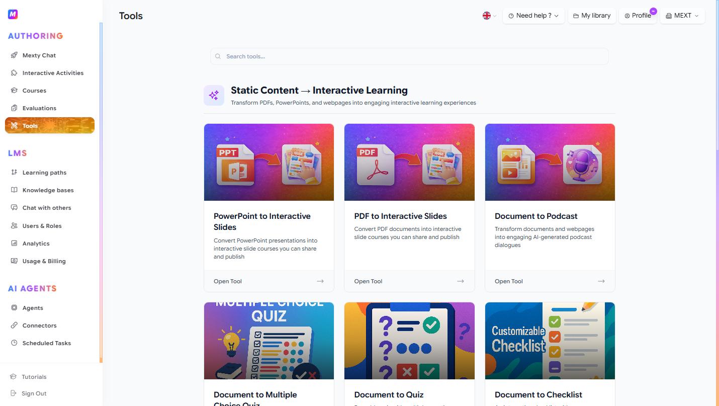 The Tools gallery, where each card turns static files into interactive learning.