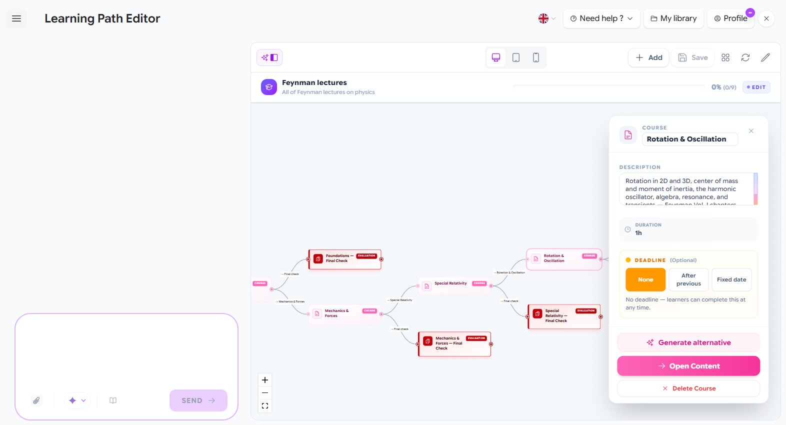 The learning path editor's visual map, showing courses, evaluations and lock gates.