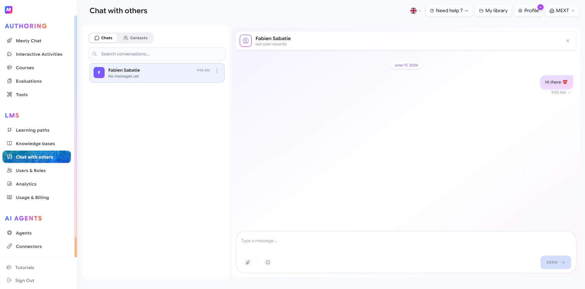 Direct messaging between members, with contacts and chats side by side.
