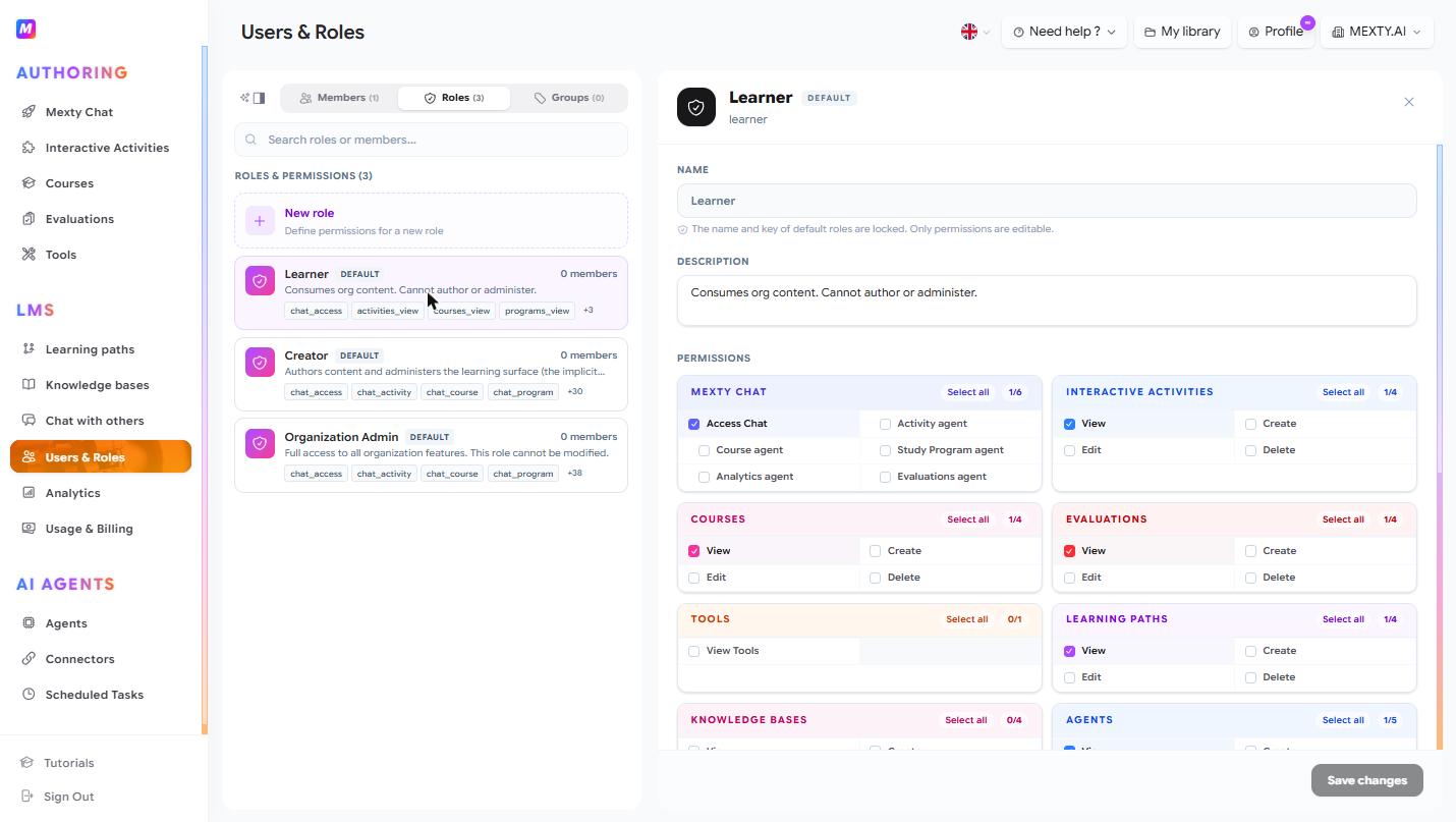 The permission matrix, toggling Authoring, LMS and Agents permissions for a role.