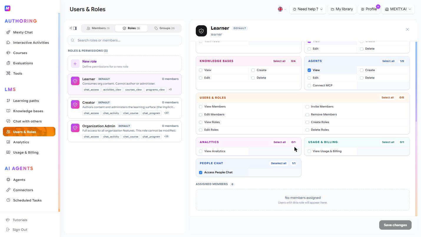 Fine-grained learner permissions, controlling exactly what each role can see and do.