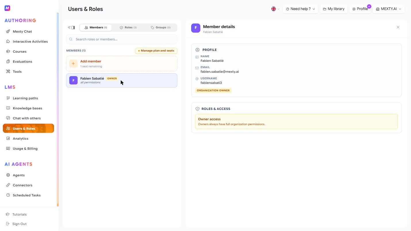 The Members tab, listing everyone in the workspace with their roles and remaining seats.