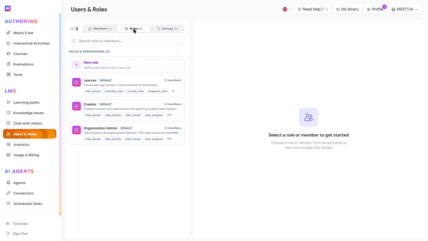 The Roles tab, where each custom role lists the permissions it grants.