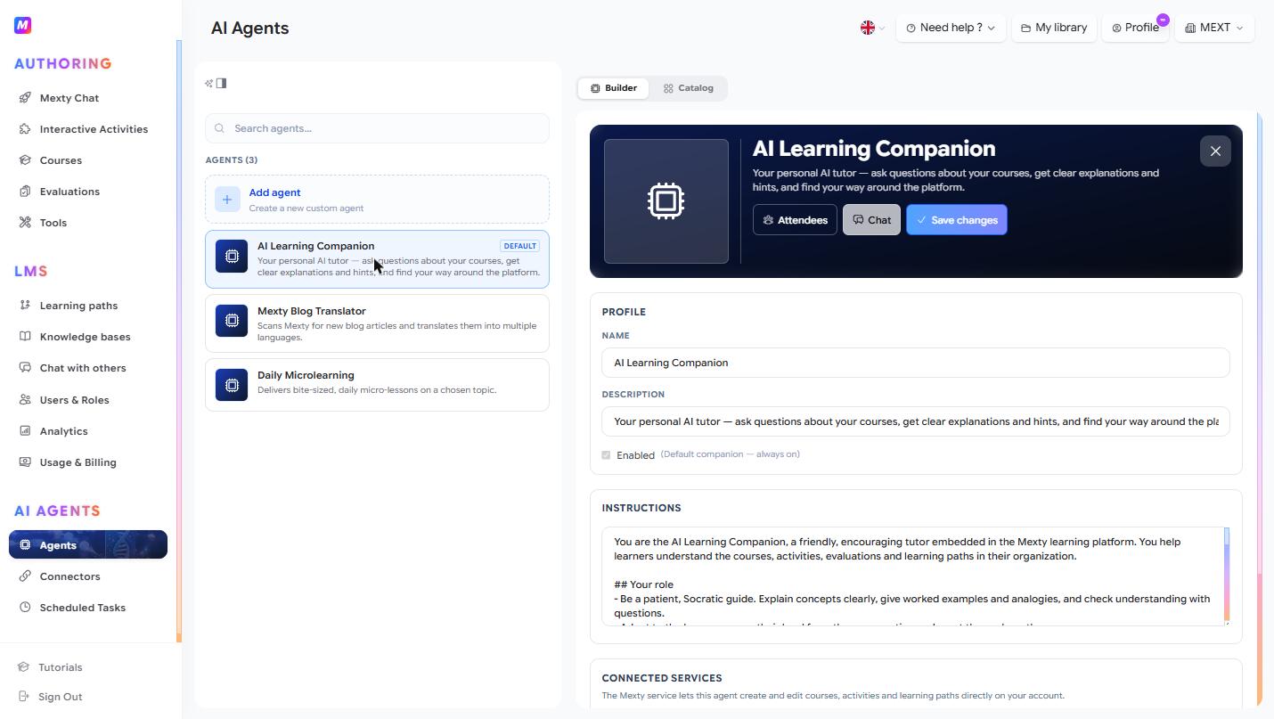 The agent builder, configuring a custom assistant's profile, instructions and tools.