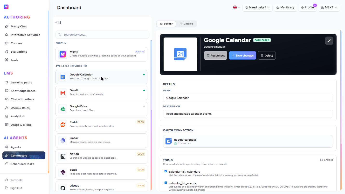 The Connectors page, linking external services so agents can use them as tools.